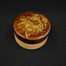 Load image into Gallery viewer, Wood Ashtray hand painted with intricate henna inspired designs. smoking accessory. removable stainless steel insert. covered ashtray
