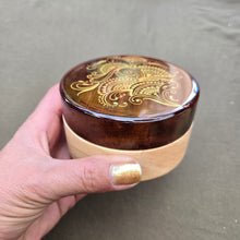 Load image into Gallery viewer, Wood Ashtray hand painted with intricate henna inspired designs. smoking accessory. removable stainless steel insert. covered ashtray
