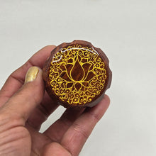 Load image into Gallery viewer, Small 4 part Herb Grinder with Kief catcher. Hand painted gold lotus on imitation wood.
