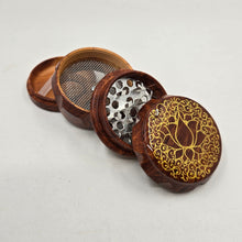 Load image into Gallery viewer, Small 4 part Herb Grinder with Kief catcher. Hand painted gold lotus on imitation wood.
