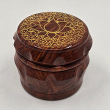 Load image into Gallery viewer, Small 4 part Herb Grinder with Kief catcher. Hand painted gold lotus on imitation wood.
