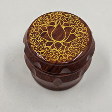 Load image into Gallery viewer, Small 4 part Herb Grinder with Kief catcher. Hand painted gold lotus on imitation wood.
