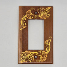 Load image into Gallery viewer, Hand Painted Cherry wood Switch / Cover / Wall plate for Paddle switch or decora outlet -Midsized. Gold henna inspired designs on solid wood.
