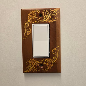 Hand Painted Cherry wood Switch / Cover / Wall plate for Paddle switch or decora outlet -Midsized. Gold henna inspired designs on solid wood.