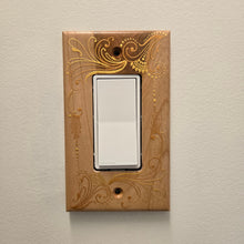 Load image into Gallery viewer, Hand Painted Cherry wood Switch / Cover / Wall plate for Paddle switch or decora outlet -Midsized. Gold henna inspired designs on solid wood

