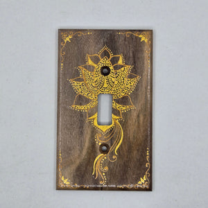 Hand Painted Walnut wood Switch / Cover / Wall plate for Toggle switch - Midsized. Gold lotus with henna inspired designs on solid wood