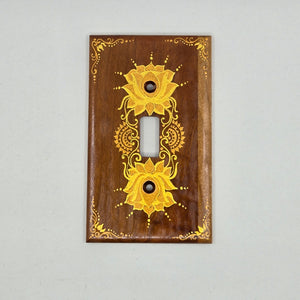 Hand Painted Cherry wood Switch / Cover / Wall plate for Toggle switch - Midsized. Gold lotus with henna inspired designs on solid wood