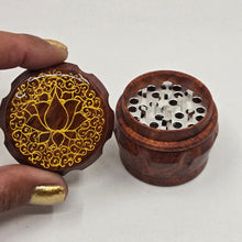 Load image into Gallery viewer, Small 4 part Herb Grinder with Kief catcher. Hand painted gold lotus on imitation wood.
