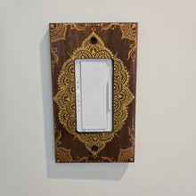 Load image into Gallery viewer, Hand Painted Walnut wood Switch / Cover / Wall plate for Paddle switch or decora outlet -Midsized. Gold henna inspired designs on solid wood
