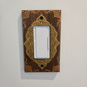 Hand Painted Walnut wood Switch / Cover / Wall plate for Paddle switch or decora outlet -Midsized. Gold henna inspired designs on solid wood