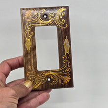 Load image into Gallery viewer, Hand Painted Walnut wood Switch / Cover / Wall plate for Paddle switch or decora outlet -Midsized. Gold henna inspired designs on solid wood
