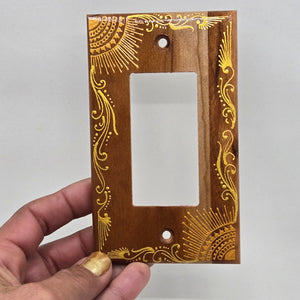 Hand Painted Cherry wood Switch / Cover / Wall plate for Paddle switch or decora outlet -Midsized. Gold henna inspired designs on solid wood