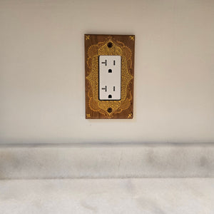 Hand Painted Cherry wood Switch / Cover / Wall plate for Paddle switch or decora outlet -Midsized. Gold henna inspired designs on solid wood.