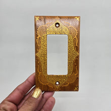 Load image into Gallery viewer, Hand Painted Cherry wood Switch / Cover / Wall plate for Paddle switch or decora outlet -Midsized. Gold henna inspired designs on solid wood.
