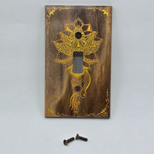 Load image into Gallery viewer, Hand Painted Walnut wood Switch / Cover / Wall plate for Toggle switch - Midsized. Gold lotus with henna inspired designs on solid wood
