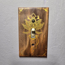 Load image into Gallery viewer, Hand Painted Walnut wood Switch / Cover / Wall plate for Toggle switch - Midsized. Gold lotus with henna inspired designs on solid wood
