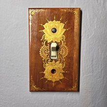 Load image into Gallery viewer, Hand Painted Cherry wood Switch / Cover / Wall plate for Toggle switch - Midsized. Gold lotus with henna inspired designs on solid wood
