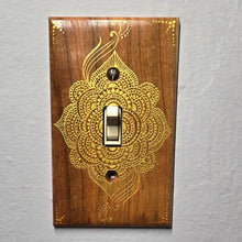 Load image into Gallery viewer, Hand Painted Cherry wood Switch / Cover / Wall plate for Toggle switch - Midsized. Gold  henna inspired designs on solid wood

