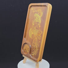 Load and play video in Gallery viewer, Small Wood Rolling Tray, Smoke Accessory,  Rolling Station with intricate henna inspired designs sealed with resin. Stylish and elegant.
