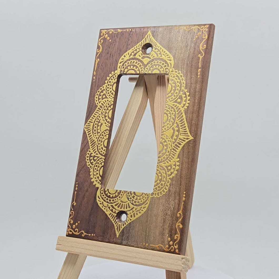 Hand Painted Walnut wood Switch / Cover / Wall plate for Paddle switch or decora outlet -Midsized. Gold henna inspired designs on solid wood