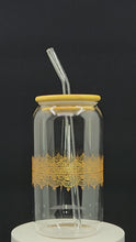 Load and play video in Gallery viewer, Hand painted glass tumbler with lid and straw- intricate henna inspired art in Gold.
