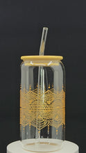 Load and play video in Gallery viewer, Hand painted glass tumbler with lid and straw- intricate henna inspired art in Gold.
