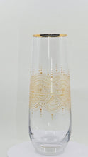 Load and play video in Gallery viewer, Hand Painted crystal champagne glasses - intricate henna inspired art in Gold.
