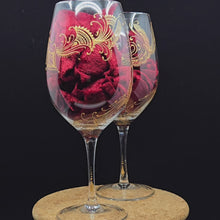 Load and play video in Gallery viewer, Hand Painted crystal wine glasses - intricate henna inspired art in Gold.
