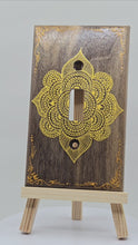 Load and play video in Gallery viewer, Hand Painted Walnut wood Switch / Cover / Wall plate for Toggle switch - Midsized. Gold henna inspired designs on solid wood
