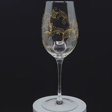Load and play video in Gallery viewer, Hand Painted Sacred Goddess Chalice Wine Glass . Goddess figure with moon cycles and intricate gold &#39;henna inspired&#39; designs.
