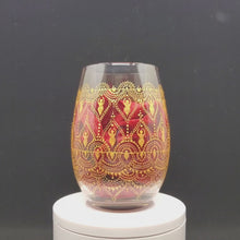 Load and play video in Gallery viewer, Hand Painted Sacred Goddess Chalice Goblet Wine Glass . Goddess figure with moon cycles and intricate gold (henna style) designs
