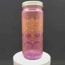 Load and play video in Gallery viewer, Hand Stained-Painted glass jar- purple fading to pink (ombre) with intricate gold henna style designs
