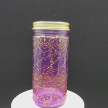 Load and play video in Gallery viewer, Hand Stained-Painted glass jar-purple fading to blue (ombre) with intricate gold &#39;henna style&#39; designs.
