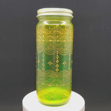 Load and play video in Gallery viewer, Hand Stained-Painted glass jar- green fading to yellow (ombre) with intricate gold henna style designs
