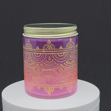 Load and play video in Gallery viewer, Hand Stained - Hand Painted glass jar - pink fading to purple (ombre) with intricate gold (henna style) designs.
