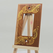 Load and play video in Gallery viewer, Hand Painted Cherry wood Switch / Cover / Wall plate for Paddle switch or decora outlet -Midsized. Gold henna inspired designs on solid wood.
