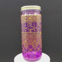 Load and play video in Gallery viewer, Hand Stained-Painted glass jar- purple fading to blue(ombre) with intricate gold henna style designs

