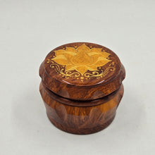 Load image into Gallery viewer, Medium size 4 part Herb Grinder with Kief catcher. Hand painted Lotus on imitation wood. Sharp teeth, magnetic closure with smooth grinding
