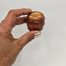 Load image into Gallery viewer, Mini/ tiny 4 part Herb Grinder with Kief catcher. Hand painted mushrooms on imitation wood. Sharp teeth, magnetic closure with smooth grinding
