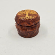 Load image into Gallery viewer, Mini/ tiny 4 part Herb Grinder with Kief catcher. Hand painted tree on imitation wood. Sharp teeth, magnetic closure with smooth grinding
