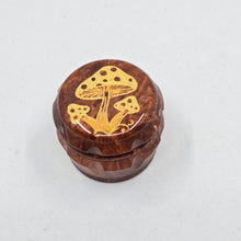 Load image into Gallery viewer, Mini/ tiny 4 part Herb Grinder with Kief catcher. Hand painted mushrooms on imitation wood. Sharp teeth, magnetic closure with smooth grinding
