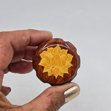 Load image into Gallery viewer, Mini/ tiny 4 part Herb Grinder with Kief catcher. Hand painted Lotus on imitation wood. Sharp teeth, magnetic closure with smooth grinding
