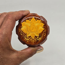 Load image into Gallery viewer, Medium size 4 part Herb Grinder with Kief catcher. Hand painted Lotus on imitation wood. Sharp teeth, magnetic closure with smooth grinding
