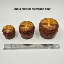 Load image into Gallery viewer, Medium size 4 part Herb Grinder with Kief catcher. Hand painted mushrooms on imitation wood. Sharp teeth, magnetic closure with smooth grinding
