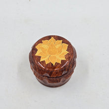 Load image into Gallery viewer, Mini/ tiny 4 part Herb Grinder with Kief catcher. Hand painted Lotus on imitation wood. Sharp teeth, magnetic closure with smooth grinding
