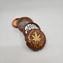 Load image into Gallery viewer, Medium size 4 part Herb Grinder with Kief catcher. Hand painted weed leaf
