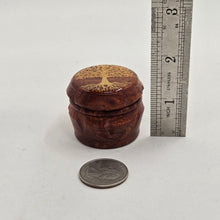 Load image into Gallery viewer, Mini/ tiny 4 part Herb Grinder with Kief catcher. Hand painted weed leaf on imitation wood. Sharp teeth, magnetic closure with smooth grinding
