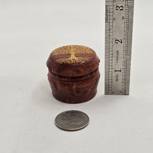 Mini/ tiny 4 part Herb Grinder with Kief catcher. Hand painted mushrooms on imitation wood. Sharp teeth, magnetic closure with smooth grinding