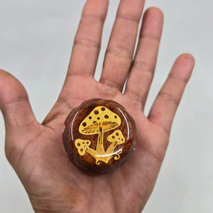 Mini/ tiny 4 part Herb Grinder with Kief catcher. Hand painted mushrooms on imitation wood. Sharp teeth, magnetic closure with smooth grinding