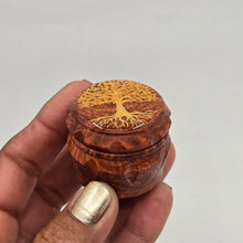 Load image into Gallery viewer, Mini/ tiny 4 part Herb Grinder with Kief catcher. Hand painted tree on imitation wood. Sharp teeth, magnetic closure with smooth grinding
